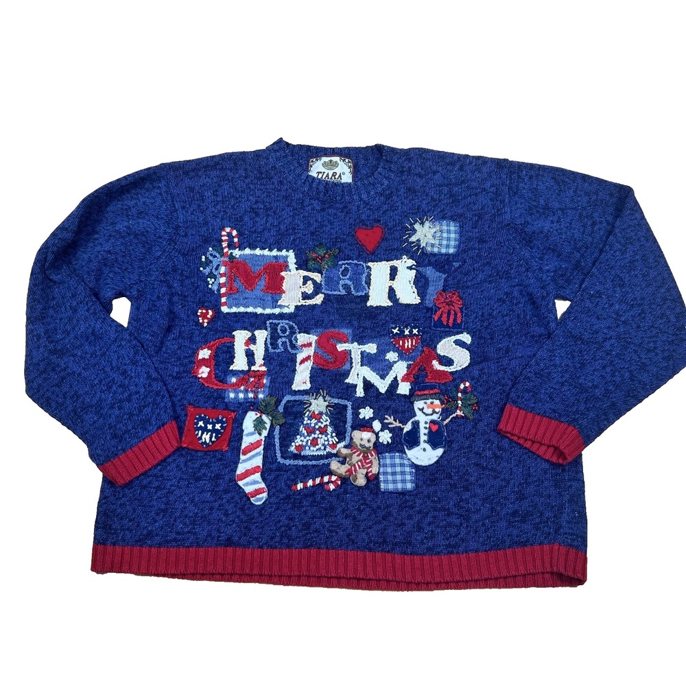 Tiara Christmas Sweater Knitted Blue Women's Large